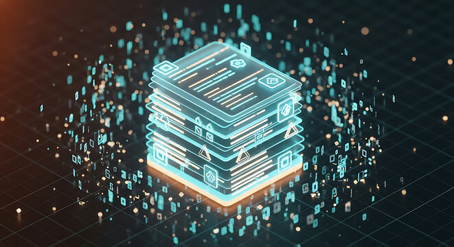 Abstract digital data stack with glowing particles and grid background representing technology and information flow.