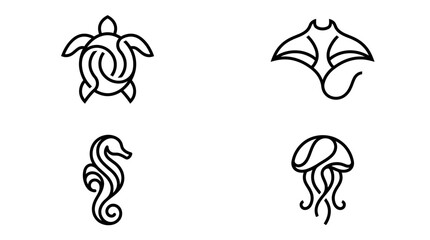Fototapeta premium Marine Animal Outline Icon Set Vector Illustration