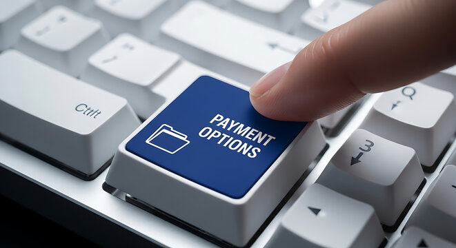 A finger pressing a blue payment options button on a white computer keyboard.