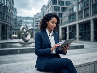 Fototapeta premium Professional woman using digital tablet outdoors in business suit
