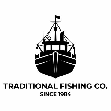 Black and white logo for Traditional Fishing Co. featuring a stylized front view of a fishing boat with a mast and rigging, established in 1984.