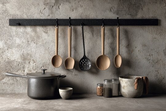 Minimalist Kitchen Utensils Arranged on Concrete Wall Rack