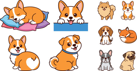 Cute corgi and various puppy dog breed icon set with cartoon sleeping sitting and peeking
