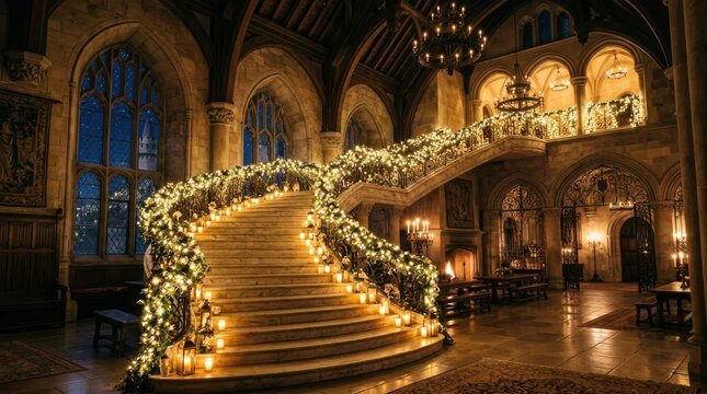 Grand staircase decorated for Christmas. Festive holiday lights in a luxury mansion interior.