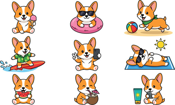 Cute corgi dog summer beach vacation icon set with cartoon puppy surfing swimming and sunbathing