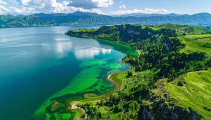 Fototapeta premium Aerial view of a stunning body of water with vibrant green shallows, surrounded by lush green hills, and majestic mountains
