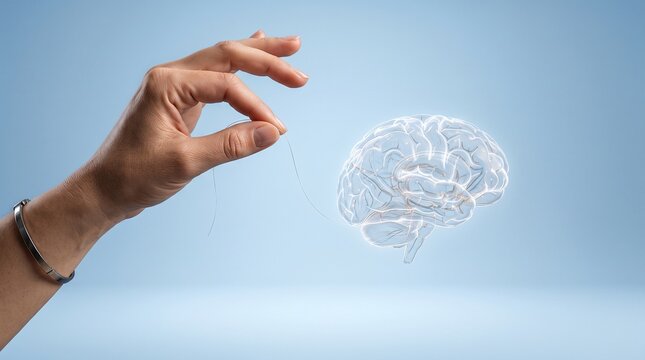 Conceptual image of a human hand manipulating a glowing digital human brain symbolizing artificial intelligence and mind control