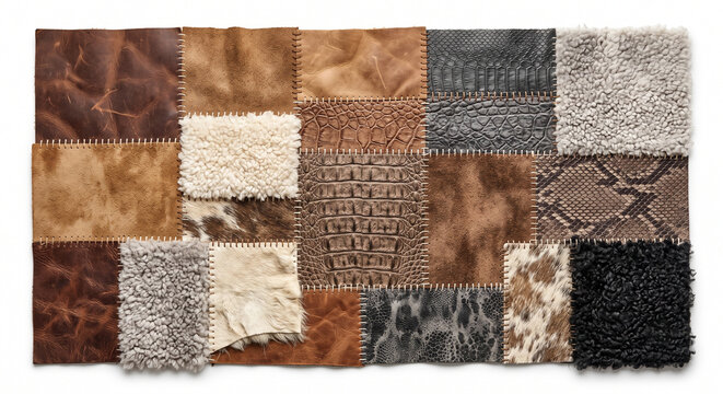 Patchwork rug texture made of various natural animal skins fur and leathers