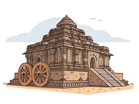 Konark Sun Temple, ornate stone chariot temple with iconic wheel, modern premium vector, simplified intricate carvings