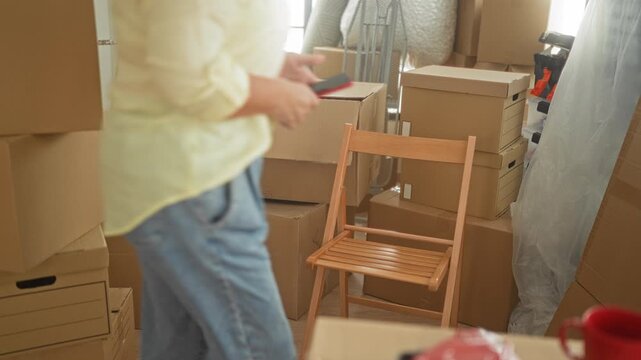 Woman holding smartphone with both hands seated amid packed moving boxes in building; moving transition calm.