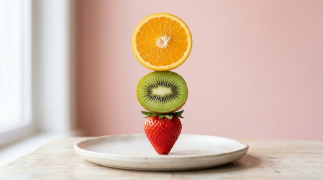 Stacked fresh fruits on a plate. Balanced orange kiwi and strawberry on a pastel background.