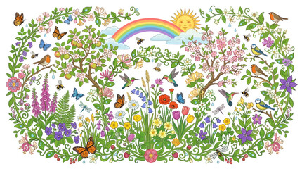 Obraz premium Garden scene features vibrant flowers, blooming trees, buzzing bees, colorful butterflies, and hummingbirds under a bright rainbow and sun, creating a peaceful outdoor sanctuary for nature lovers.