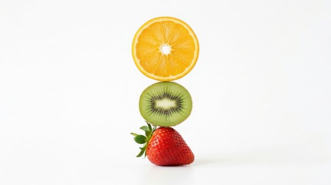 Stacked fresh fruits on white background. Orange, kiwi and strawberry balance composition.