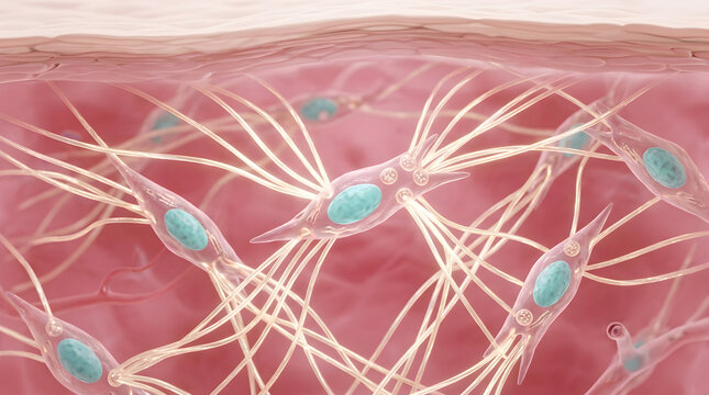 Dermal fibroblasts producing collagen fibers. Skin cells regenerating connective tissue.