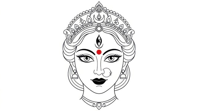 Goddess Durga line art illustration. Traditional Indian deity face vector graphic design.