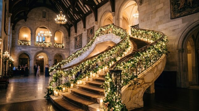 Grand staircase decorated for a wedding. Luxury venue with festive floral garland and lights.