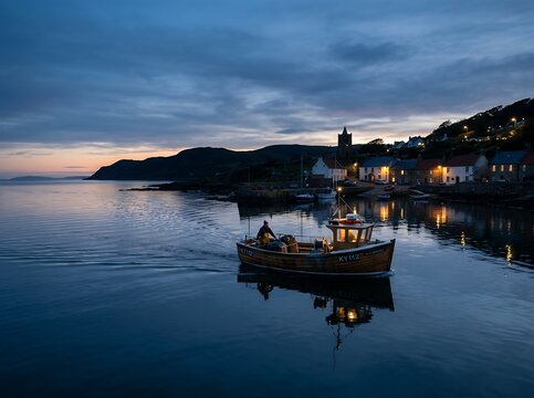 Small fishing boat sails on calm water at dusk near a coastal village.