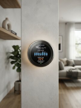 Smart Home Thermostat Displaying Temperature and Settings.