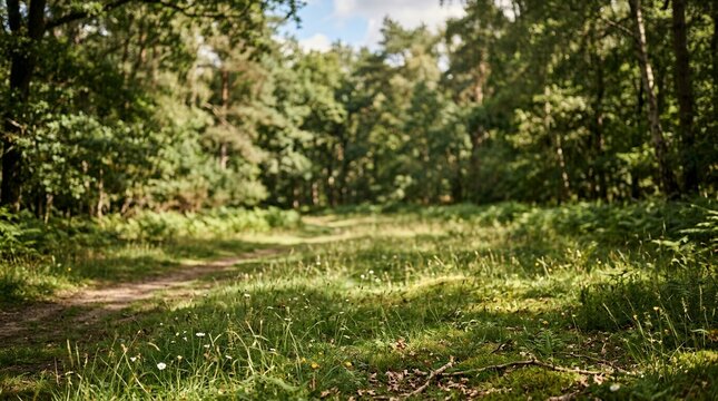 Sunlit forest clearing with lush green grass and trees.