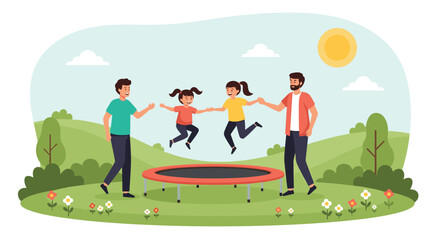 Fototapeta premium Happy kids jumping on outdoor trampoline in green park with supportive fathers holding their hands on sunny day.