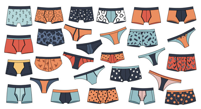 Various types of men and women underwear including boxers, briefs, panties, and thongs isolated on white background.