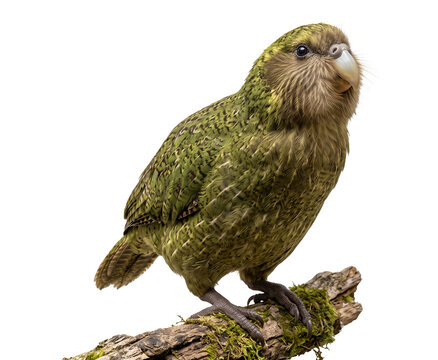 Kakapo gazing upward with curious expression, full body isolated on transparent background
