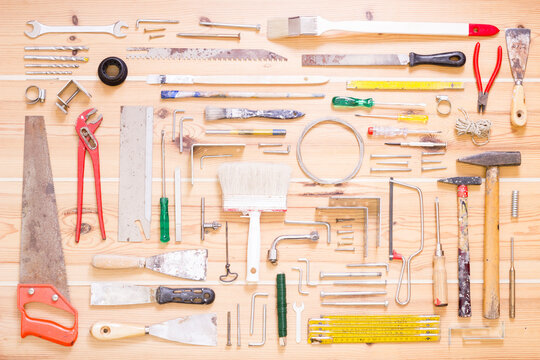 Various tools on wood