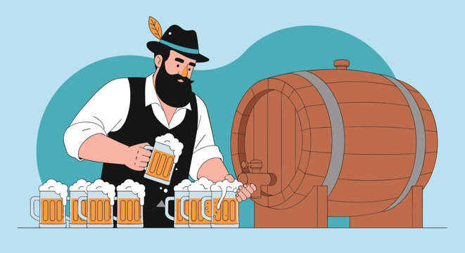 Bavarian man in traditional vest and hat pouring fresh beer from wooden barrel into glasses on blue background.
