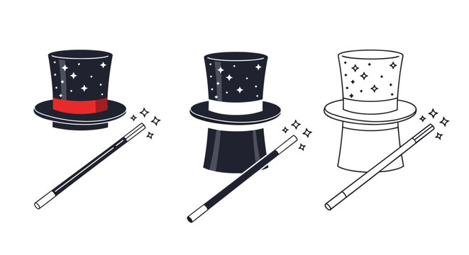 Magic top hat and magic wand with stars set showing different design versions isolated on white background.