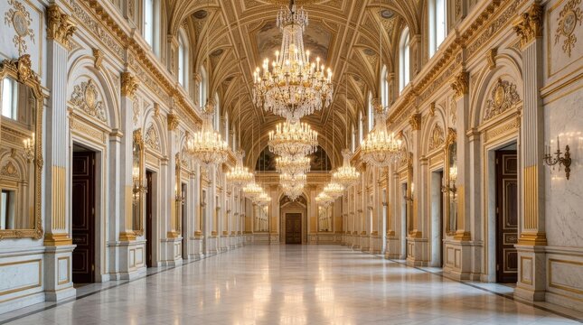 Grand ballroom interior with gold decor. Luxurious palace hall with crystal chandeliers.