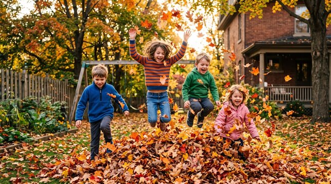 children jumping into a pile of autumn leaves in a backyard
