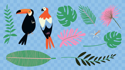 Fototapeta premium Vector of colorful tropical birds and leaves on a blue checkered background.