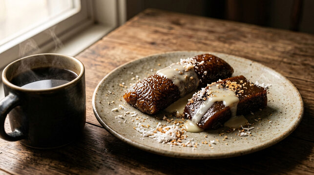 Glazed tropical dessert pieces with coconut sauce and a steaming cup of black coffee.