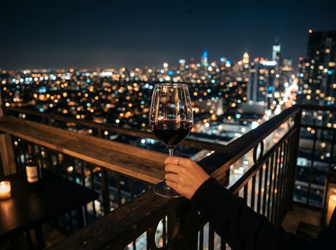 Woman holding glass of red wine on rooftop bar overlooking city at night.