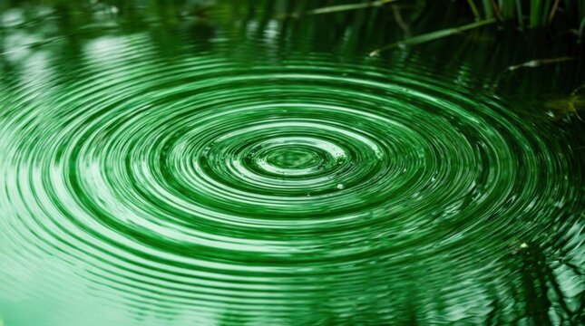 Water ripples on green surface. Concentric circles spreading in calm liquid pond.