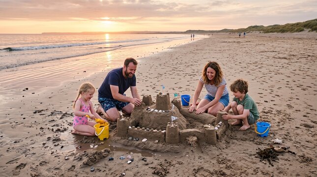 family building a sandcastle together on the beach at sunset