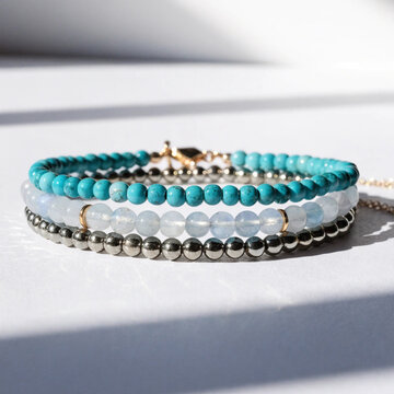 Stacked Gemstone Beaded Bracelets with Turquoise, Opalite, and Pyrite Beads in Natural Sunlight