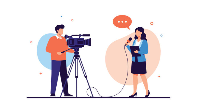 Professional female reporter speaking into a microphone while a cameraman captures the scene on a professional video camera.