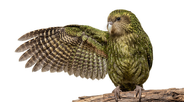 Kakapo gently spreading its wings to reveal detailed feather structure, isolated on transparent background