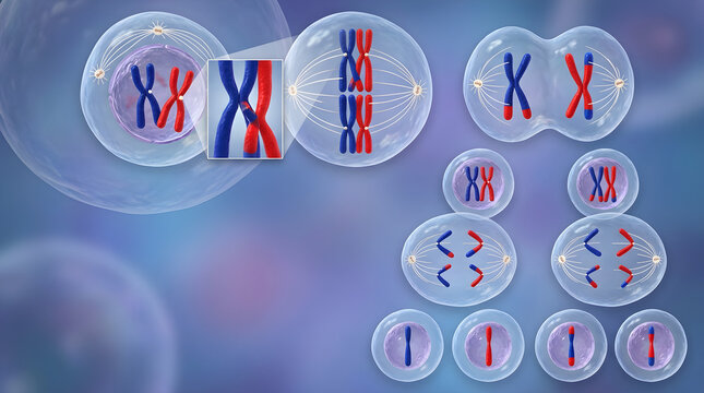 Meiosis cell division diagram. Biological process showing four distinct haploid cells.