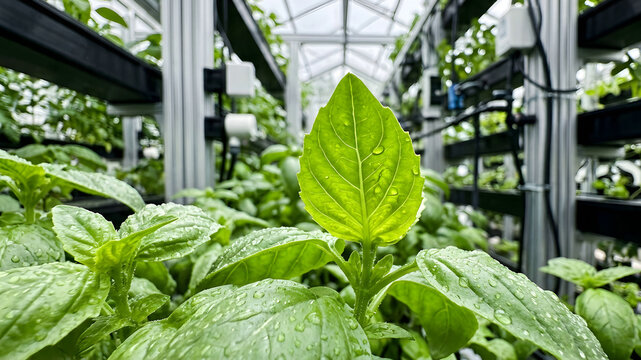 Inside a futuristic greenhouse with hydroponic systems automated vertical farming and advanced