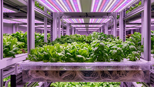 Modern indoor hydroponic system with bright led lighting for sustainable agriculture and urban