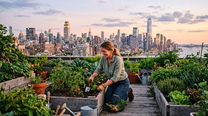 Naklejka premium woman tending her rooftop vegetable garden with the city skyline behind her