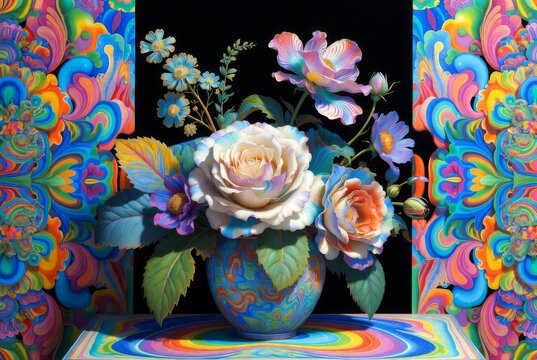 Composizione d'arte floreale psichedelica con mazzo di rose e motivi a vortice