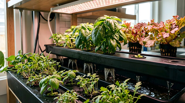 Hydroponic system growing fresh leafy greens under artificial grow lights in an aeroponic garden