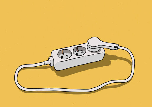White power strip plugged into itself on yellow background
