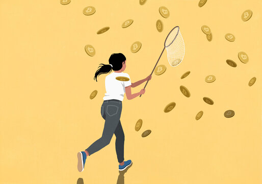 Woman with butterfly net trying to catch Bitcoins falling on yellow background