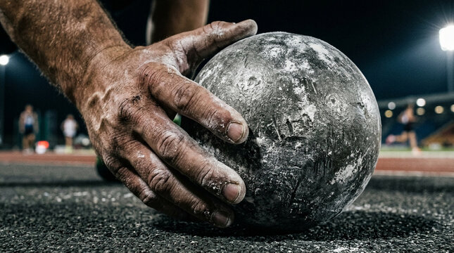Athlete's Hand Gripping Heavy Shot Put Ball on Track Field