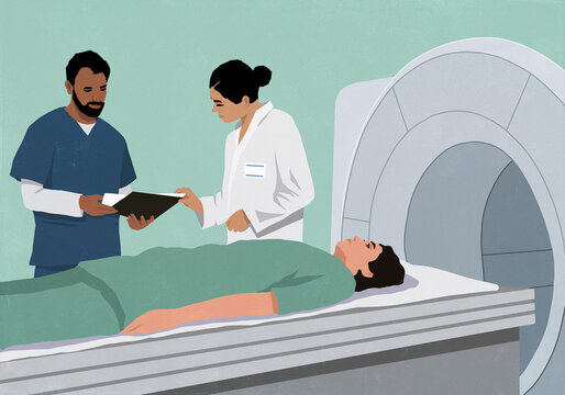 Doctors discussing medical chart of patient laying at a CAT scan machine