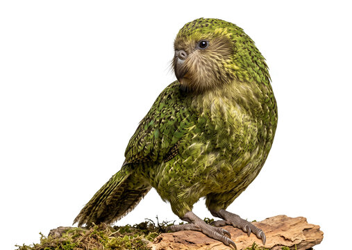Kakapo looking over its shoulder with curious expression, full body isolated background